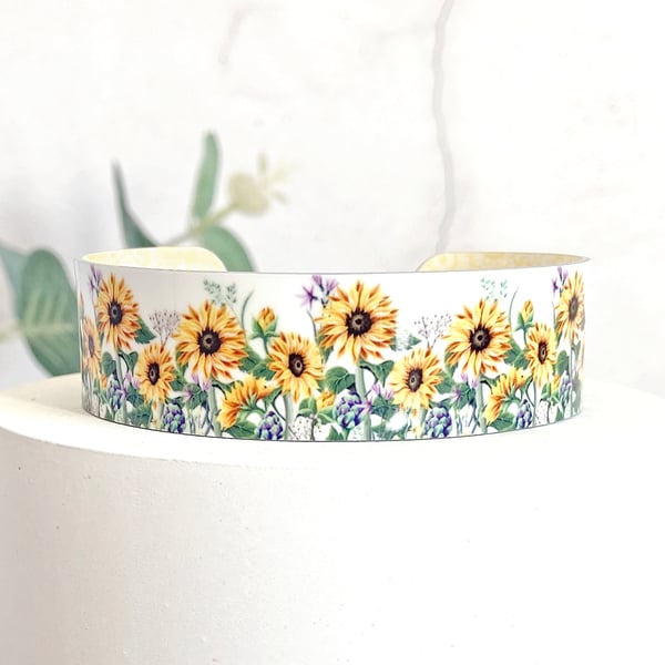 Sunflower cuff bracelet, yellow floral design. Personalised gifts. (719)