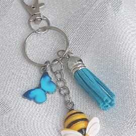 SALE - Gorgeous Blue and Bee Keyring - Key Chain Bag Charm - Silver Tones