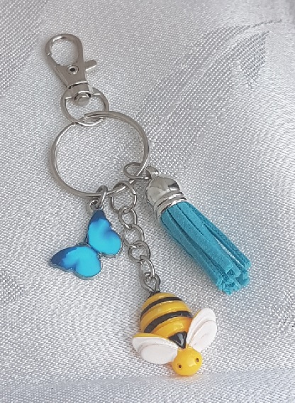 SALE - Gorgeous Blue and Bee Keyring - Key Chain Bag Charm - Silver Tones