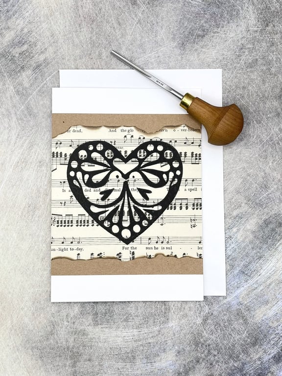 Christmas Love Birds Lino Print Card - Black