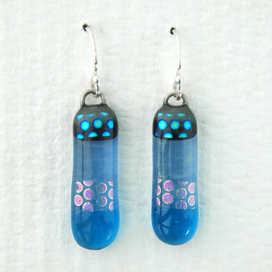 Fused Glass Blue Dichroic Drop Earrings