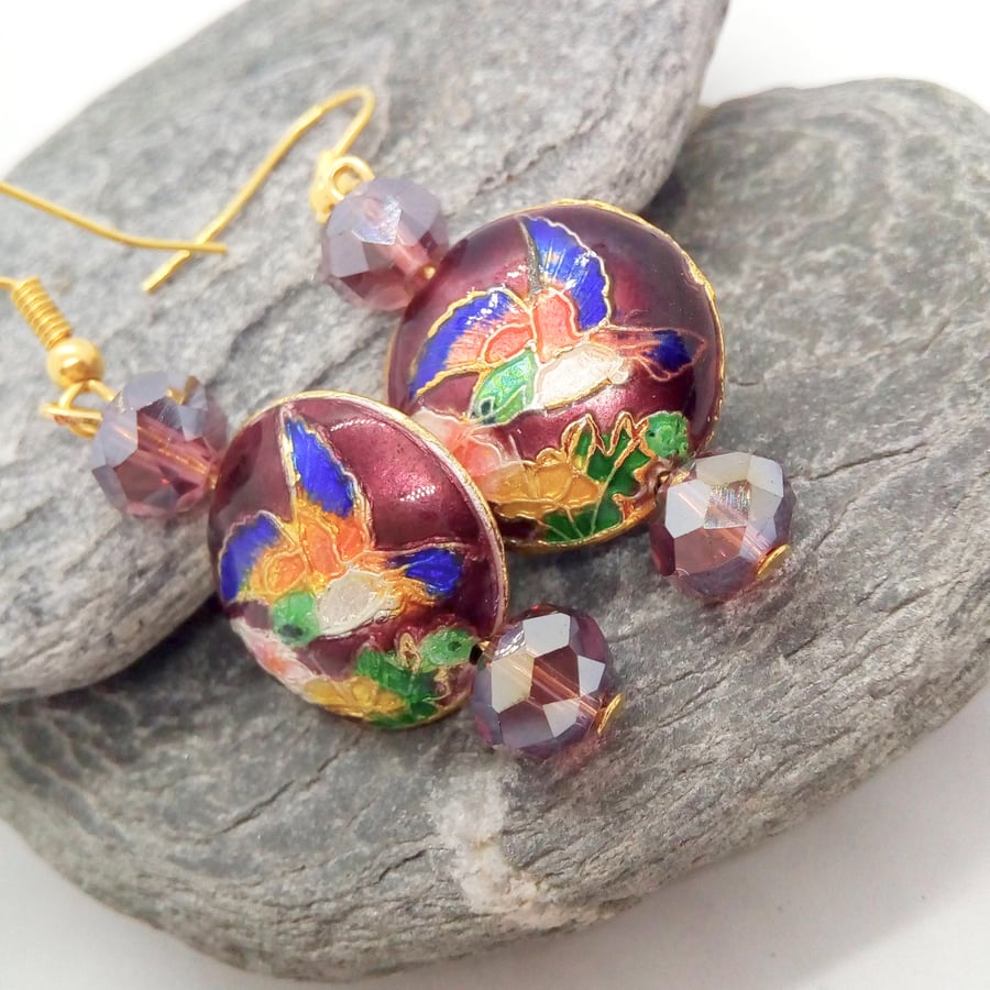 Purple Cloisonne Bird Disc and Crystal Earrings for Pierced Ears, Gift for Her