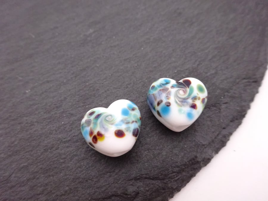 lampwork glass beads, blue heart pair