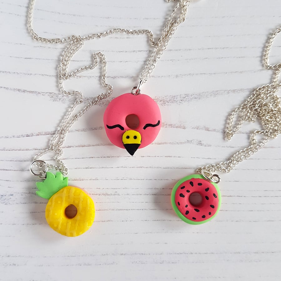 Tropical theme doughnut charm necklace, pineapple, watermelon, flamingo - choose
