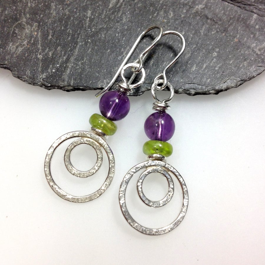 silver peacock earrings with amethyst and peridot