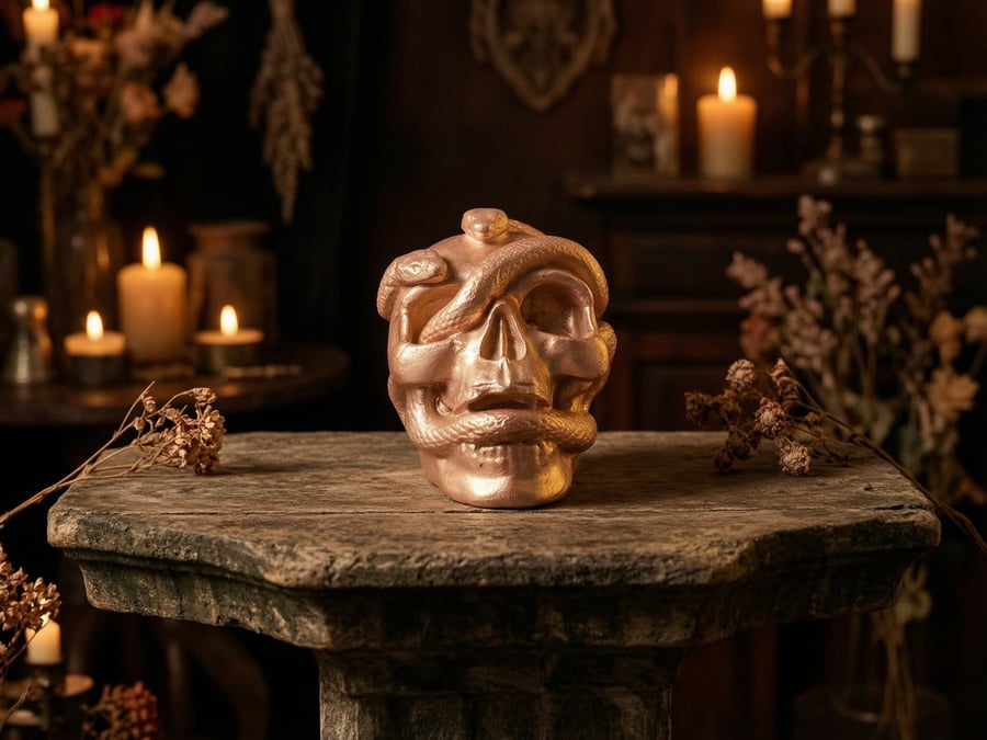 Gold Snake Skull Handmade Plaster Gothic Ornament