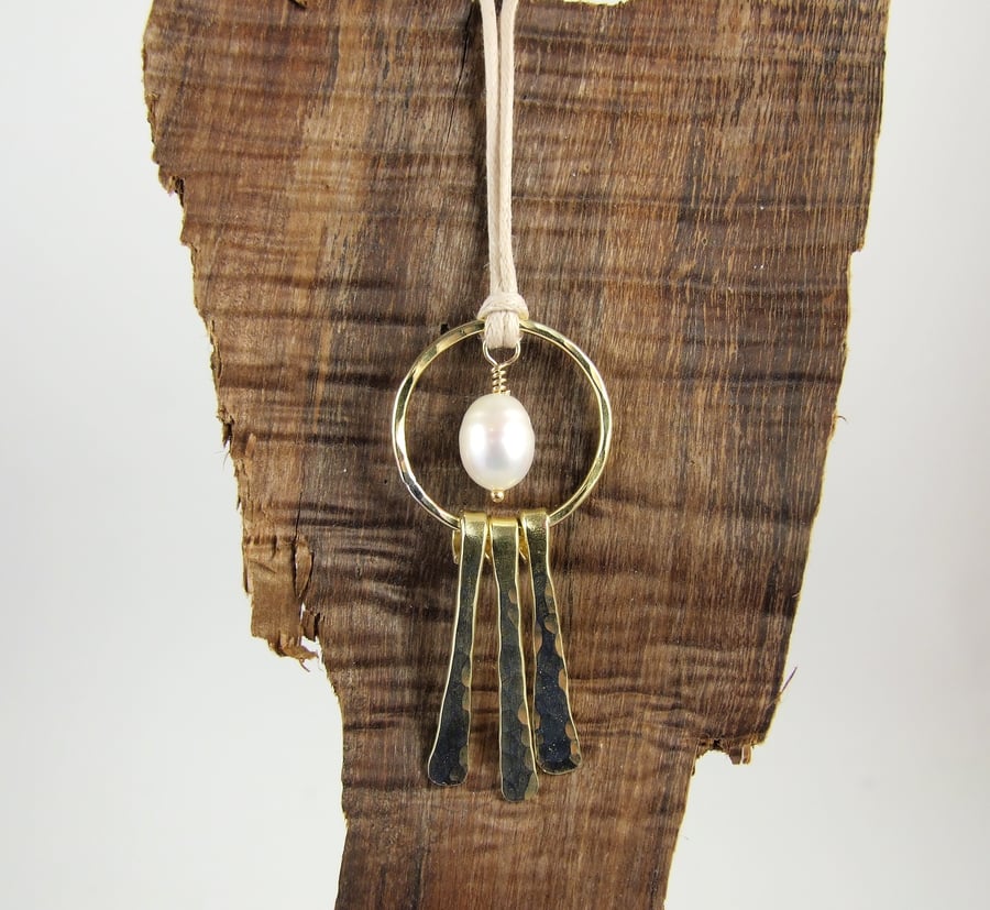 Pearl and Brass Necklace, BoHo Adjustable Length Hammered Dropper Necklace