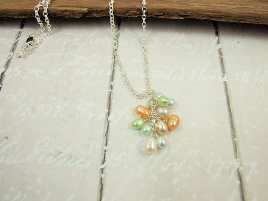 Pearl Waterfall Necklace, Sterling Silver and Pearls, Peach, Blue and Green 