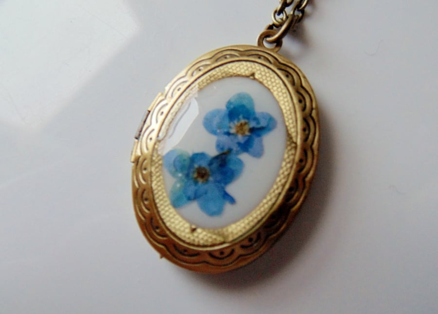 Vintage Brass Locket with Forget me Nots