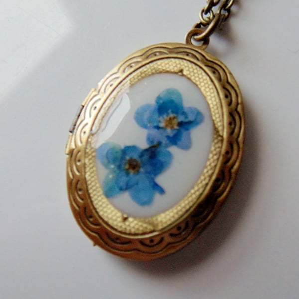 Vintage Brass Locket with Forget me Nots