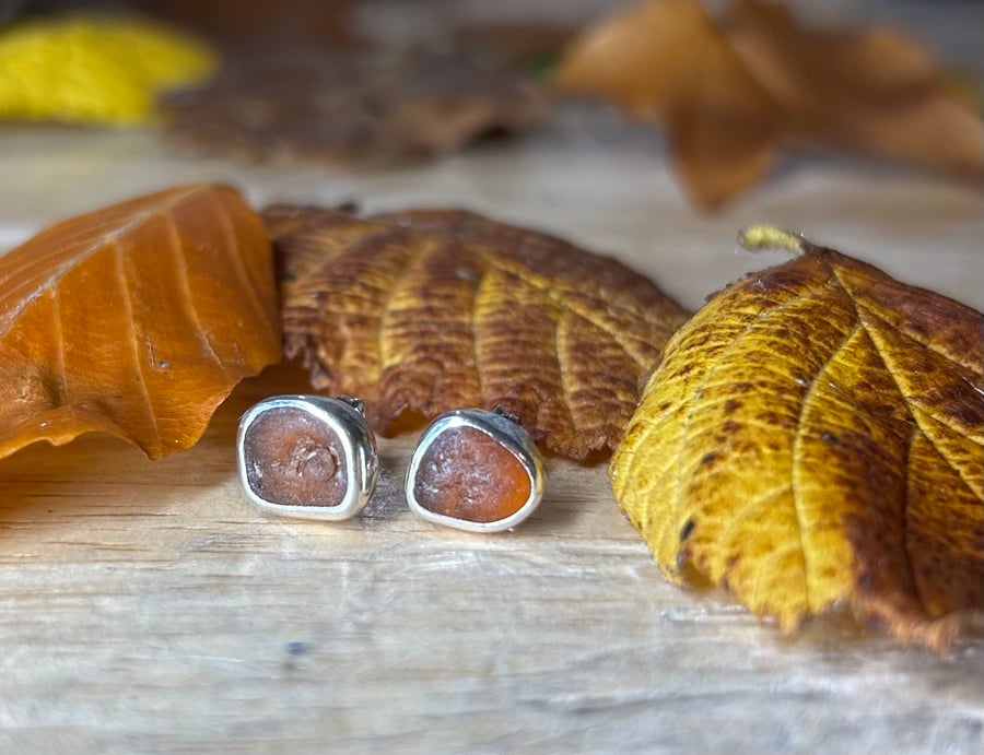 Handmade Fine & Sterling Silver Stud Earrings & Pieces Of Amber Welsh Sea Glass