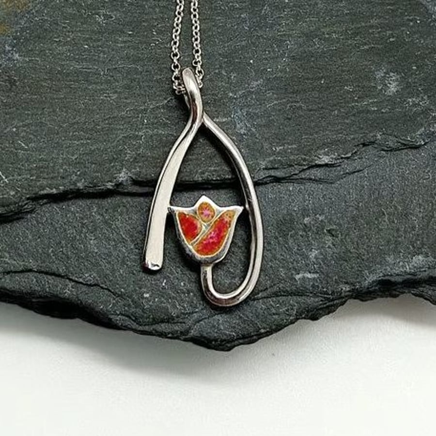 Tulip Necklace glass enamelled sterling silver pink peach double colour tulip