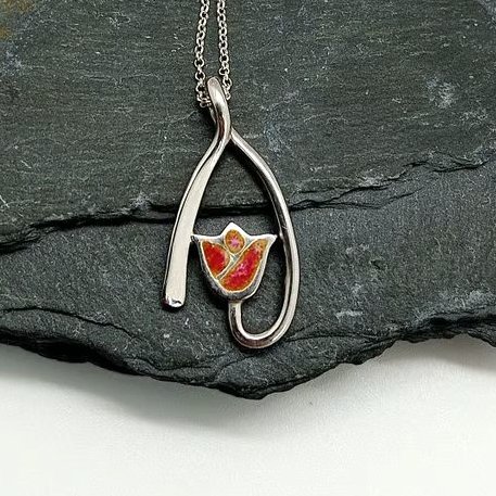 Tulip Necklace glass enamelled sterling silver pink peach double colour tulip