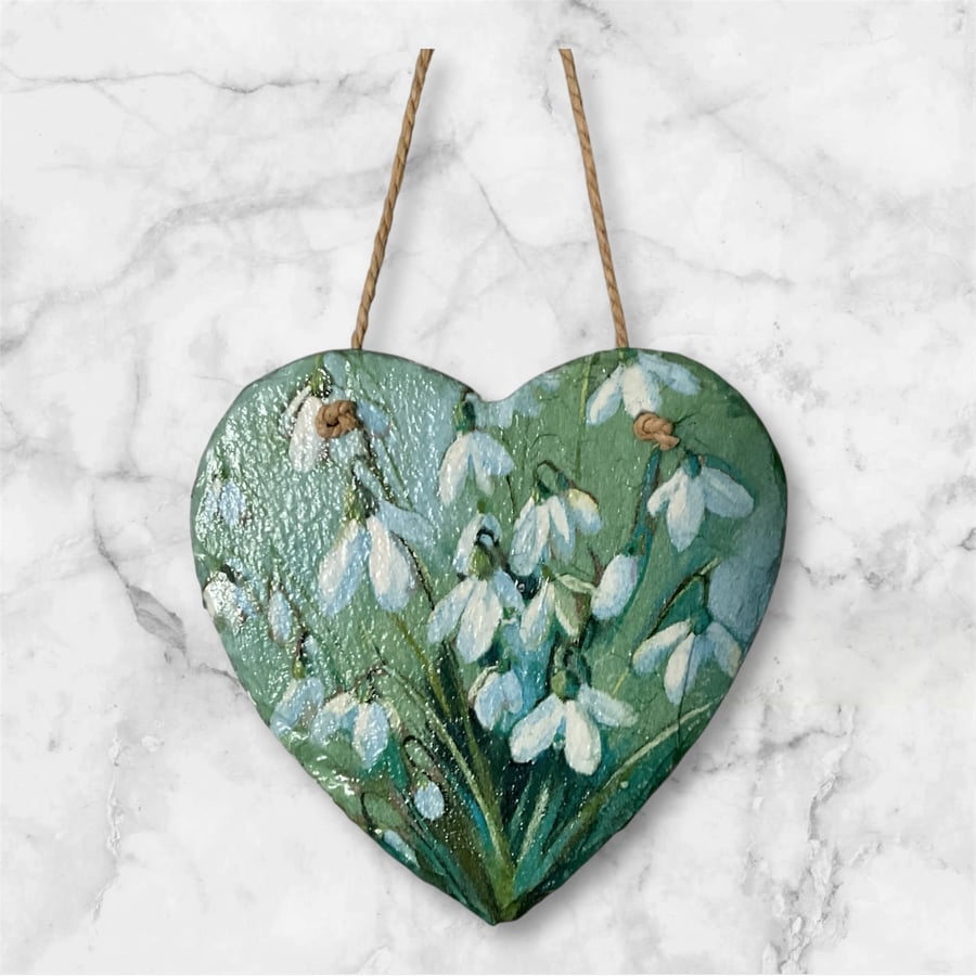 Slate Hanging Heart. Snowdrops 