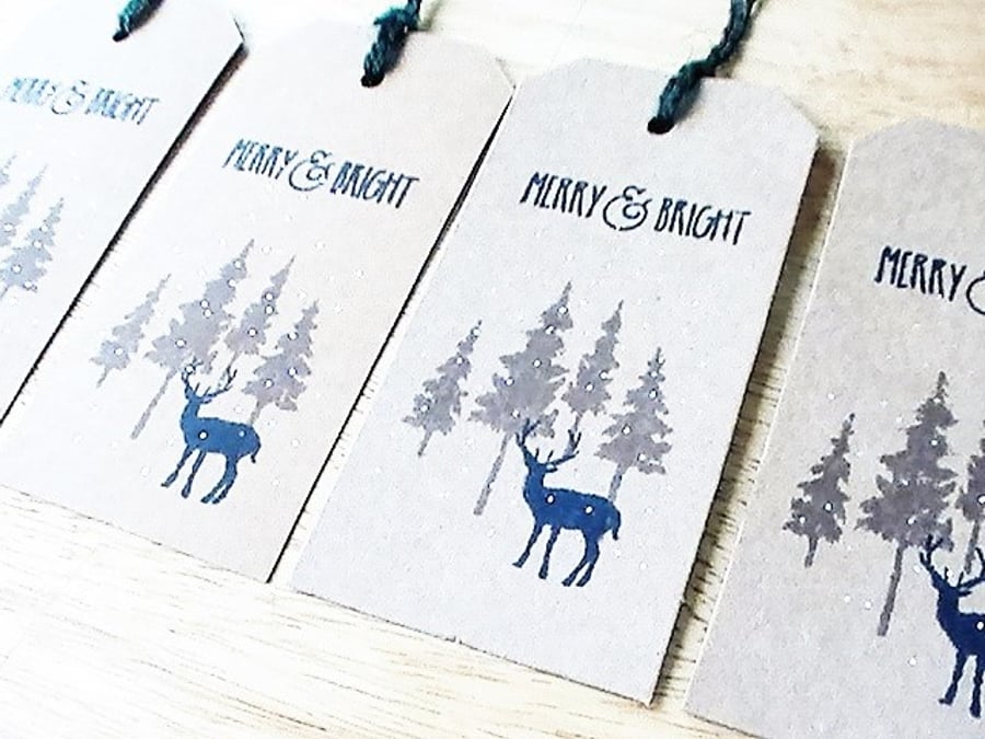 5 Large Christmas Tags, Stag Tags, Rustic Deer, Winter Scene Christmas Wrapping