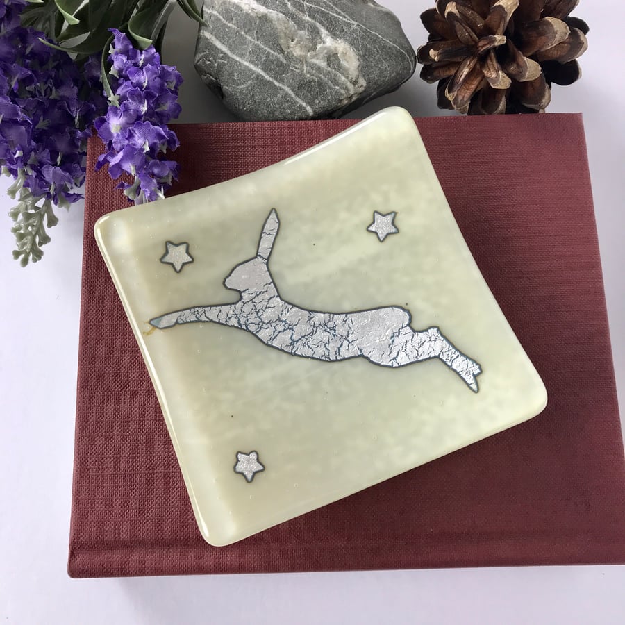 leaping hare decorative fused glass dish 