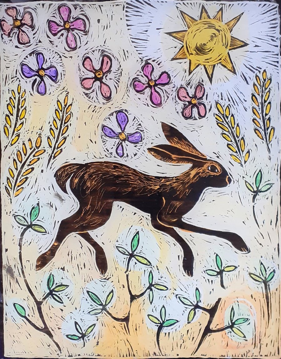 HARE SUNCATCHER  or WALLHANGING. Handpainted Glass. 10 x 8"