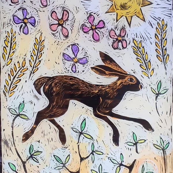 HARE SUNCATCHER  or WALLHANGING. Handpainted Glass. 10 x 8"