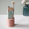 Seconds Sunday Wooden House on a Vintage Bobbin with Clay Daisy