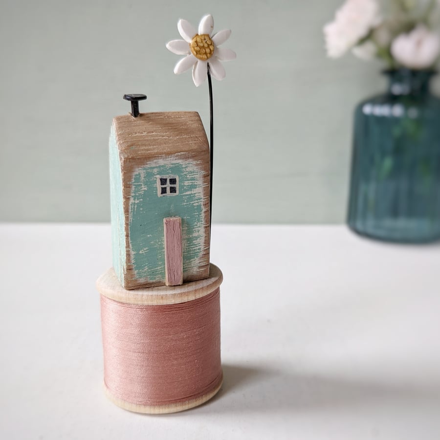 Seconds Sunday Wooden House on a Vintage Bobbin with Clay Daisy