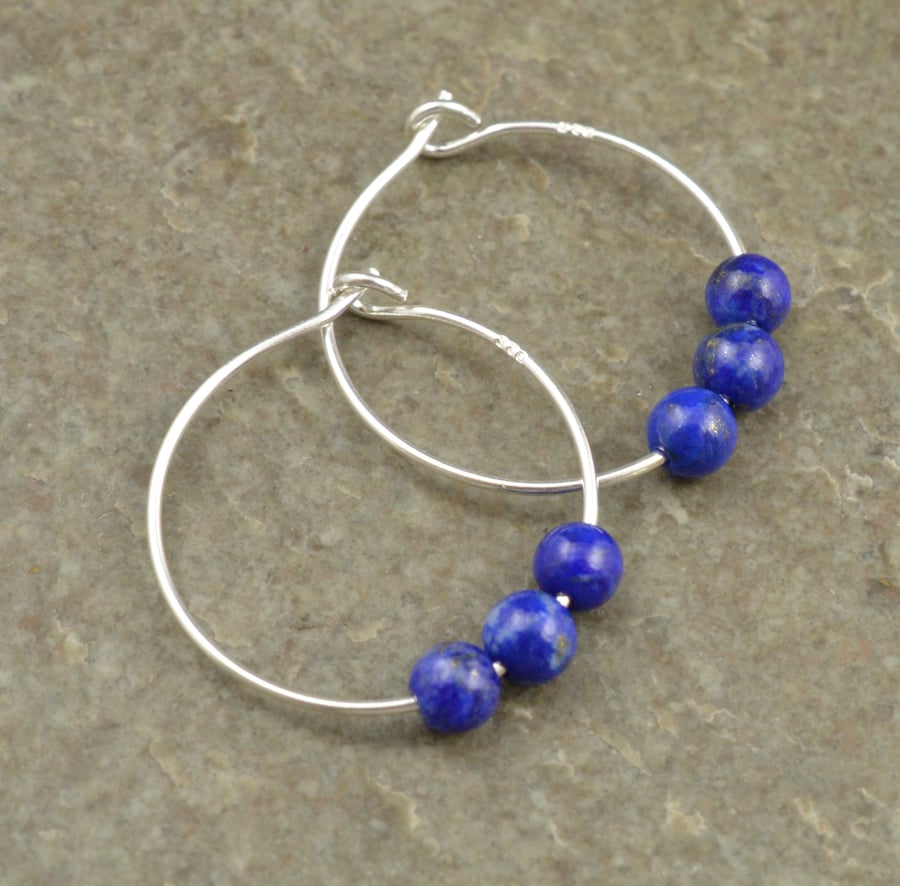 Boho 4mm Blue Lapis Lazuli Gemstone & 20mm Sterling Silver Hoop Earrings