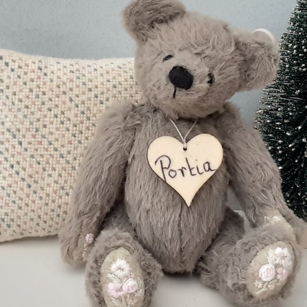 Handmade teddy bear & cushion, OOAK collectable artist bear, mini bear