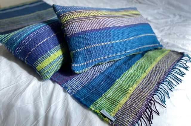 Bed runner and pillow set, handwoven using  British wool