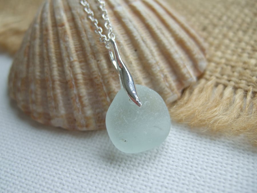 Sea glass necklace, petite necklace beach glass, sea foam pendant, sterling 
