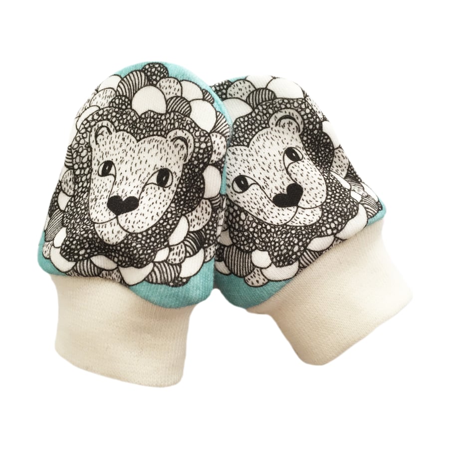 ORGANIC Baby SCRATCH MITTENS in TURQUOISE LION HEADS  A New Baby Gift Idea
