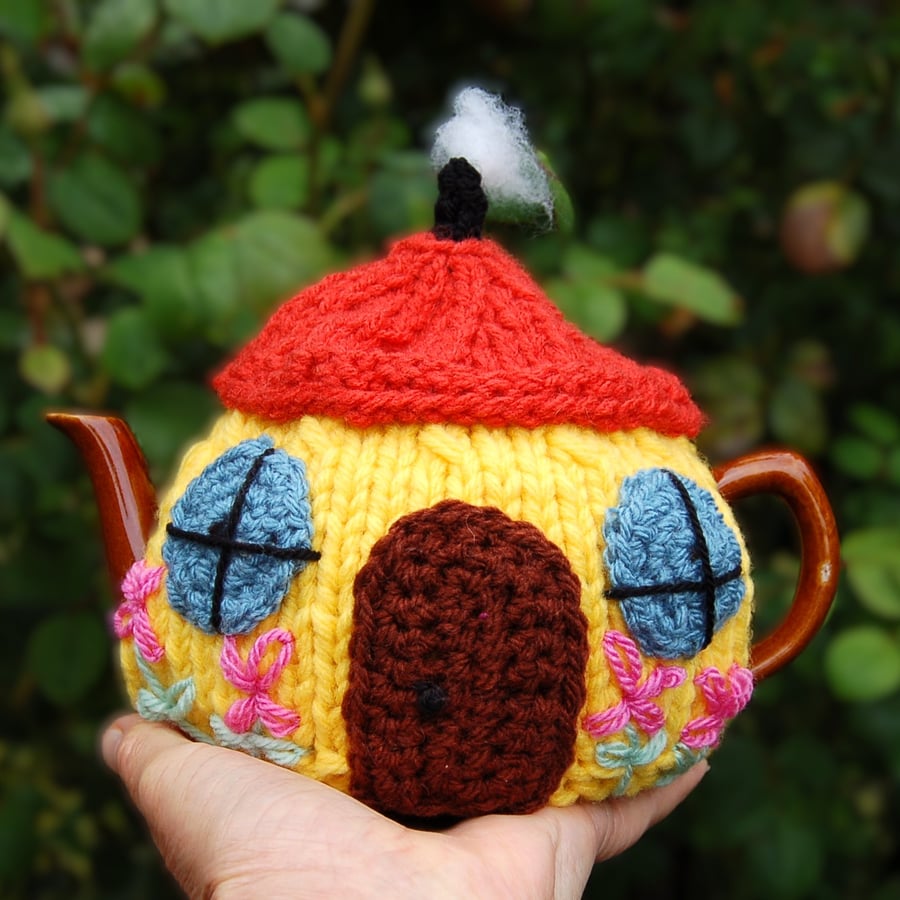 Knitted tea cosy - Fairy cottage design  to fit a one two cup teapot
