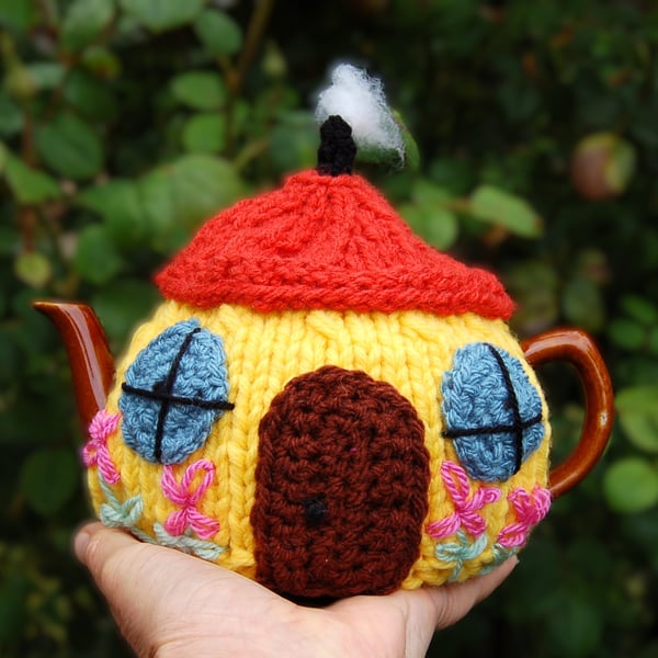 Knitted tea cosy - Fairy cottage design  to fit a one two cup teapot