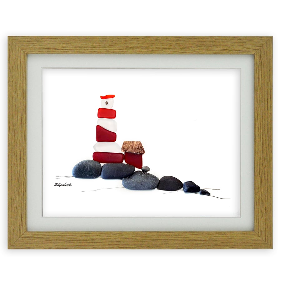 Red & White Sea Glass Lighthouse - Landscape - Pebble Art Sea Glass Picture