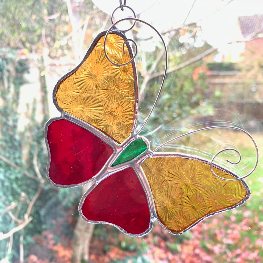Stained Glass Butterfly Suncatcher - Handmade Decoration - Amber and Red 