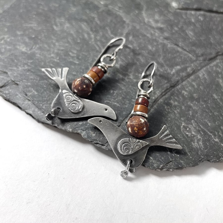 silver song bird earrings with  jasper.