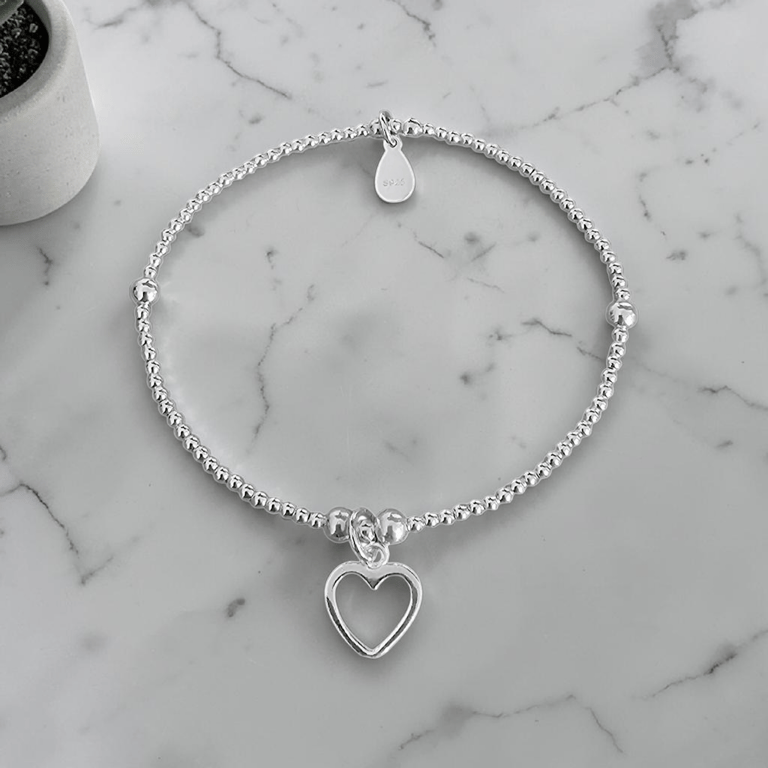 Sterling Silver Open Heart Charm Stretch Bracelet 925