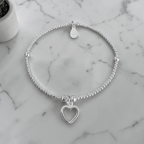 Sterling Silver Open Heart Charm Stretch Bracelet 925