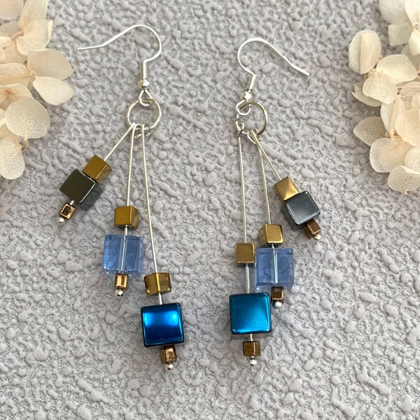 Blue Cube Glass Boho Drop Earrings