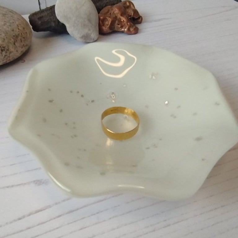 White Glittery Octagonal Fused Glass Bowl