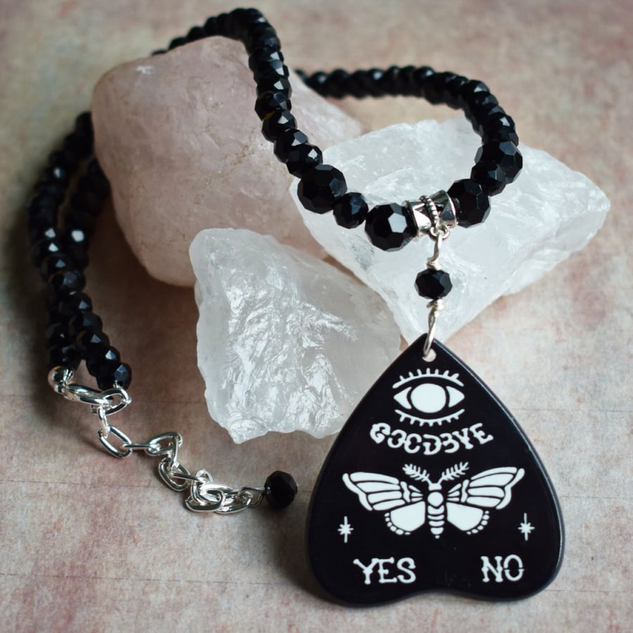 Black Ouija Planchette Necklace with Black Glass Beads