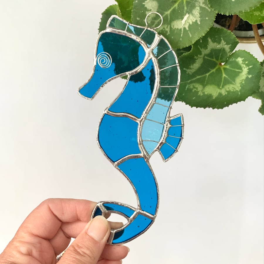 Stained Glass Seahorse Suncatcher- Handmade Window Decoration - Turquoise 