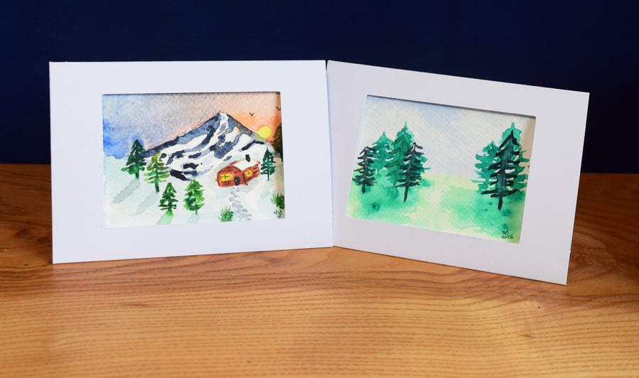 Winter landscapes in watercolour - Seasonal greeting card, blank inside. 