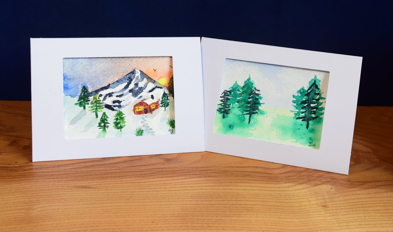 Winter landscapes in watercolour - Seasonal greeting card, blank inside. 