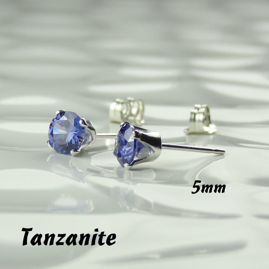 Cubic Zirconia stud earrings, sterling silver or 14k gold filled, tanzanite, 5mm