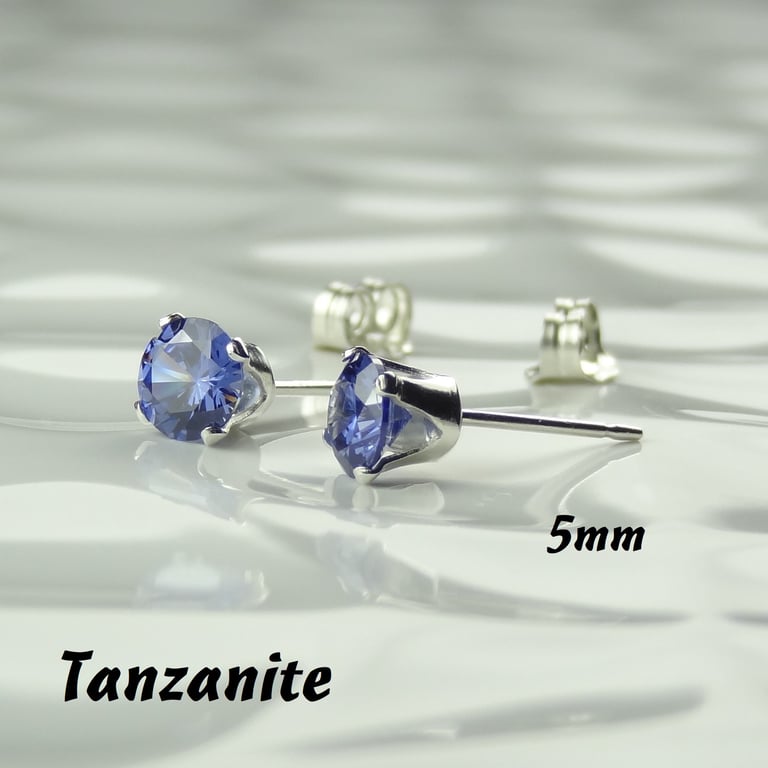 Cubic Zirconia stud earrings, sterling silver or 14k gold filled, tanzanite, 5mm