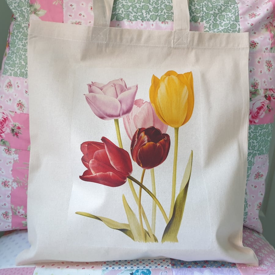 Tulip Flower Print Cotton Shopping Tote Bag