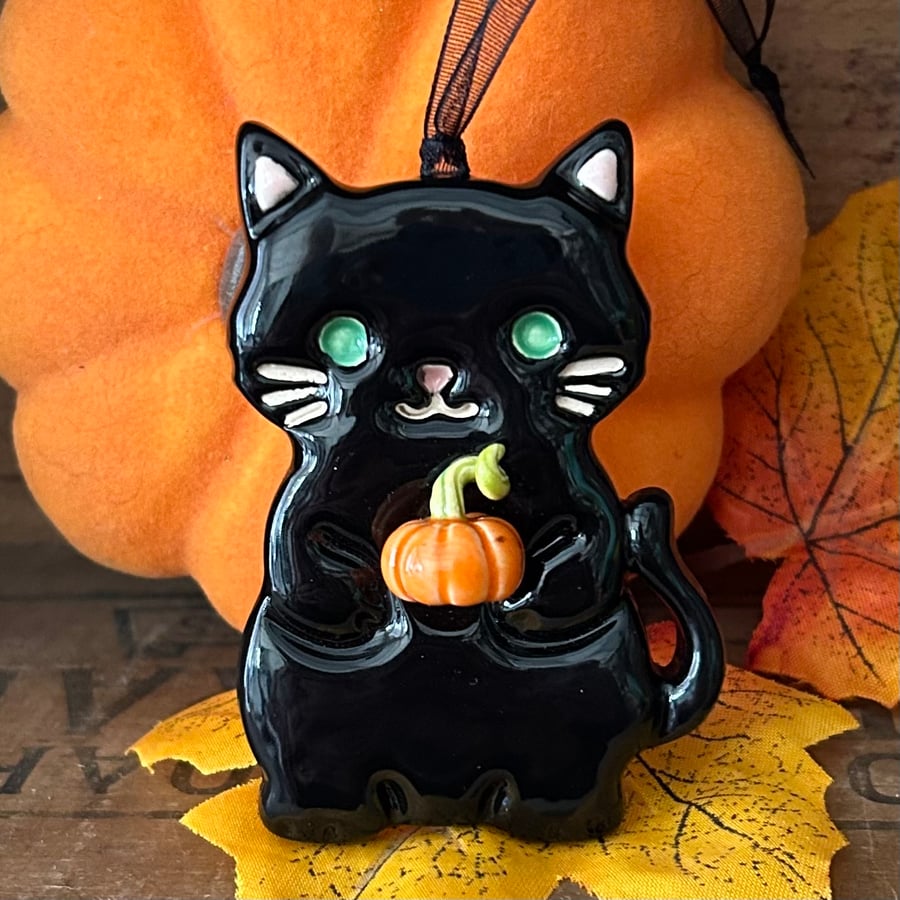 Cinders the black cat ceramic Halloween decoration