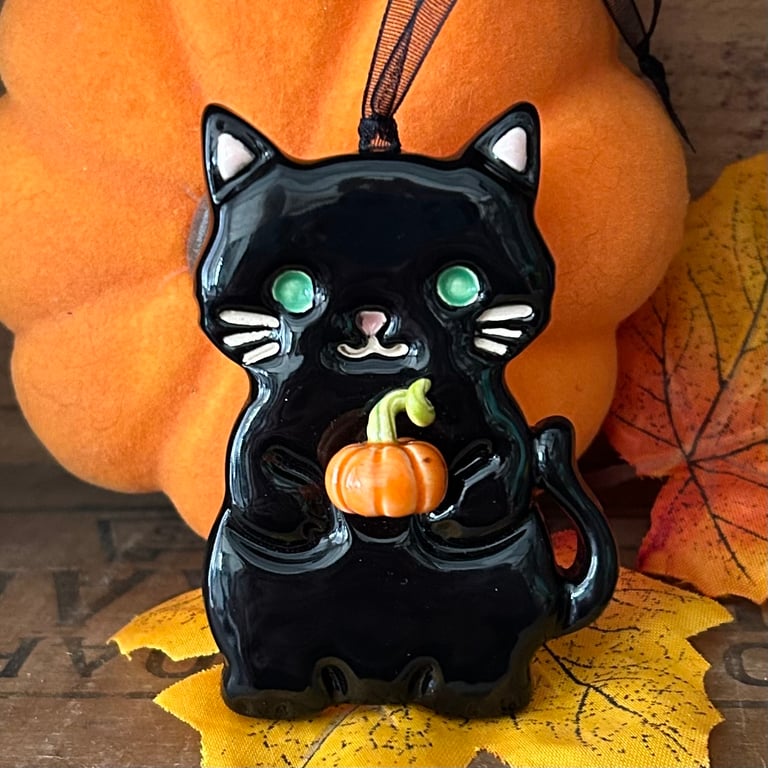 Cinders the black cat ceramic Halloween decoration