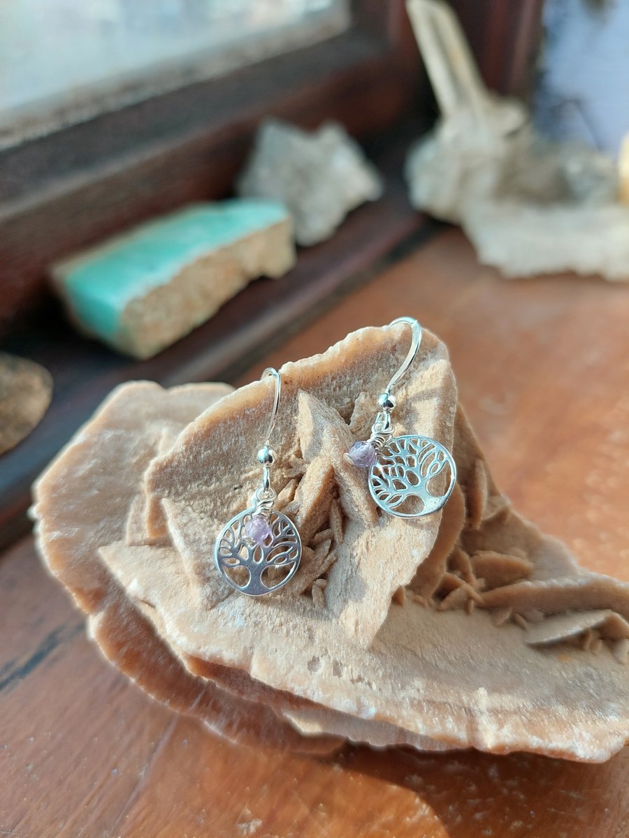 Sterling Silver and Amethyst Tree of Life Earrings - February Birthstone