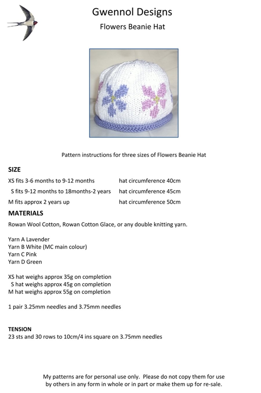 Flowers Beanie Hat PDF Knitting Pattern