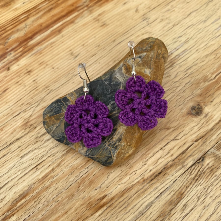 Purple flower earrings on .925 silver hooks